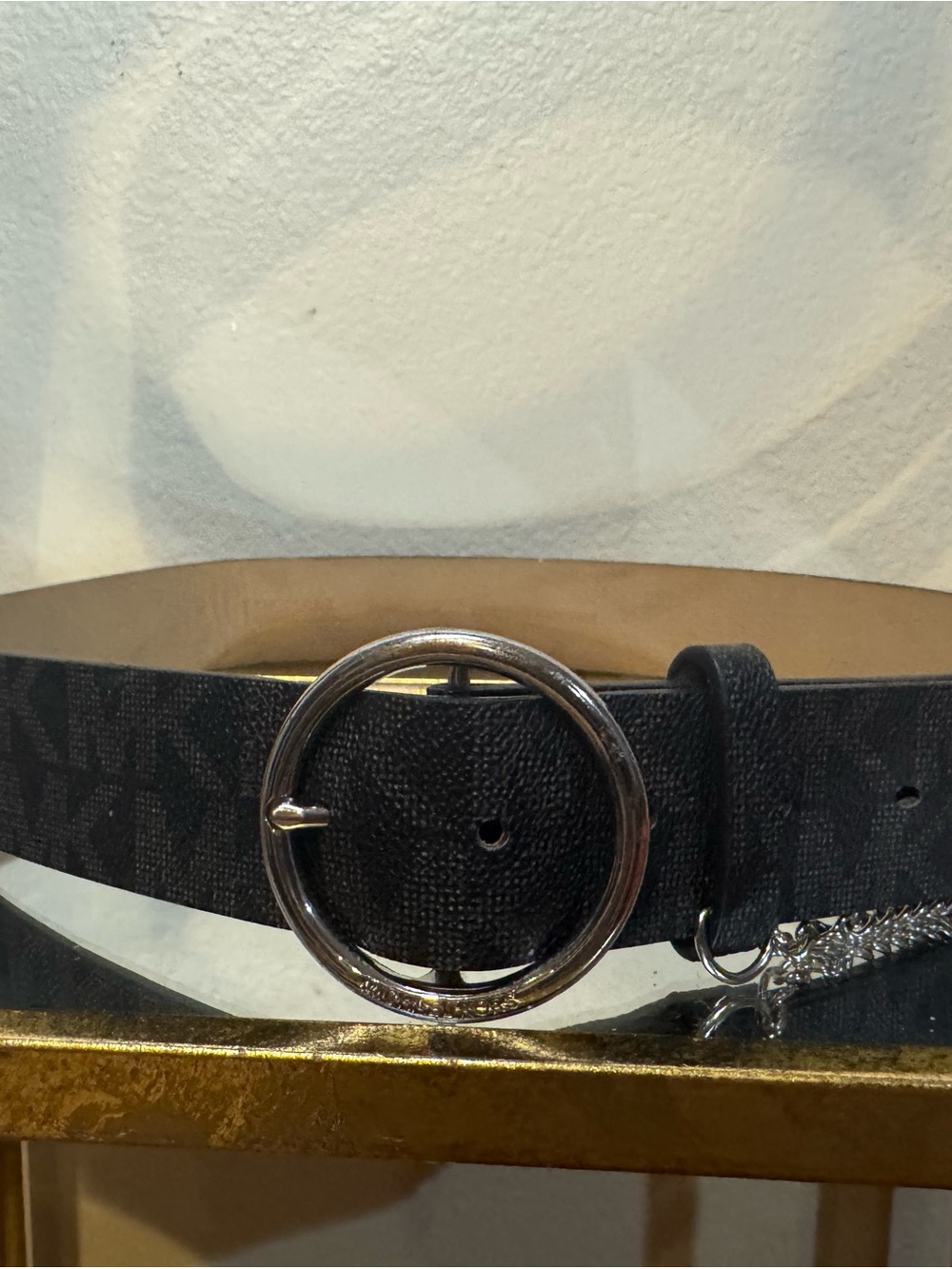 Michael Kors Black Logo-Print Belt with Round Silver Buckle